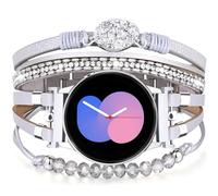 VISOOM Leather Strap Compatible with Samsung Galaxy Watch 7 6 5 4 FE Strap for Women, Cute Beaded Pearl Watch Band for Galaxy Watch 40mm 44mm/Classic 43mm 47mm 42mm 46mm/5 Pro 45mm,Silver