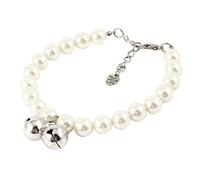 Visork Pet Imitation Pearl Necklace With Double Bell Round Beads Collar With Lobster Clasp Pet Bells Accessories For Small Pet Cat Kitten White