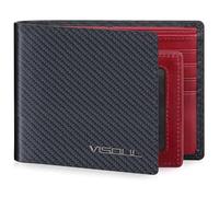 VISOUL Genuine Carbon Fiber Leather Wallets with 10 Card Holders and 2 ID Windows, 2 Cash Compartments, RFID Blocking Wallet for Men Slim Wallet for Cash, Notes-Carbon+Red