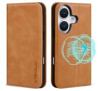 VISOUL Oil Waxed Genuine Leather Wallet Case Compatible with iPhone 16 6.1-inch 5G 2024 with Wireless Charging, 3 Card Slot, Kickstand, Magnetic Flip Cover, Shockproof TPU Shell-Yellow