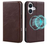 VISOUL Oil Waxed Genuine Leather Wallet Case Compatible with iPhone 16 6.1-inch 5G 2024 with Wireless Charging, 3 Card Slot, Kickstand, Magnetic Flip Cover, Shockproof TPU Shell-Coffee
