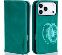 VISOUL Oil Waxed Genuine Leather Wallet Case Compatible with iPhone 17 Pro Max 6.9-inch 5G 2025, RFID Blocking, Wireless Charging, 4 Card Slot, Kickstand, Shockproof TPU Shell-Lake Blue