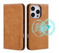 VISOUL Oil Waxed Genuine Leather Wallet Case Compatible with iPhone Pro 16 6.3-inch 5G 2024 with Wireless Charging, 3 Card Slot, Kickstand, Magnetic Flip Cover, Shockproof TPU Shell-Yellow