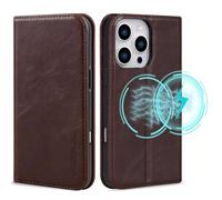VISOUL Oil Waxed Genuine Leather Wallet Case Compatible with iPhone Pro 16 6.3-inch 5G 2024 with Wireless Charging, 3 Card Slot, Kickstand, Magnetic Flip Cover, Shockproof TPU Shell-Coffee