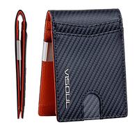 VISOUL Slim Wallets for Mens RFID Blocking Genuine Leather Wallets with up to 12 Credit Card Holder, Money Clip and ID Window Minimalist Bi-Fold for UK Men with Gift Box-Carbon Black+Red Brown