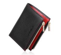 VISOUL Small Wallet for Women Genuine Leather, Compact Bifold Card Holder Wallet RFID Blocking with Zipper Coin Pocket, Black and Red, Casual