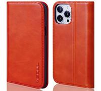 VISOUL Wallet Case Compatible for iPhone 13 Pro Max 6.7" 2021 Genuine Leather Folio Case, RFID Blocking, Magnetic, 3 Credit Card Slots, Kickstand, Shock Absorbin-Orange