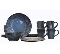 VISSEL Stoneware Dinner Set for 4 People - 16 Piece Reactive Glaze Stoneware. Ruffled Edge. Microwave and Dishwasher Safe - Indigo Blue