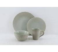 VISSEL Stoneware Dinner Set for 4 People - 16 Piece Reactive Glaze Stoneware. Ruffled Edge. Microwave and Dishwasher Safe - Pale Green