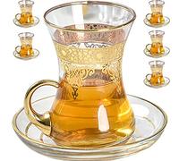 Vissmarta Gold Turkish Arabic Moroccan Tea Glasses Cups Set of 6 and Saucers Glassware Drinking Women Party Fancy Drinkware Style Vintage Persian Kitchen Decor Drinks
