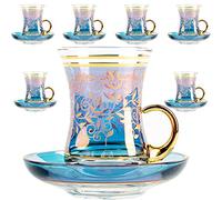 Vissmarta Vintage Turkish Tea Glasses Cups and Saucers Set of 6 Handle Drinkware Drink Bar Fancy Teapots Serving Glassware Drinking Kitchen Women Moroccan Persian Teacups Party Art Deco