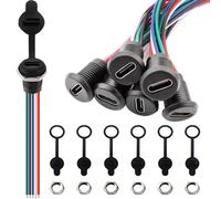 VISSQH 6 PCS USB Type-C Female Chassis,3A 5-pin USB C Soldering Jack,5 Wire Panel Mount connector,24AWG round Waterproof Pigtail Cable Extension Power Cable