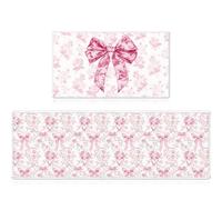 VISSTREE Pink Bow Kitchen Rug and Mat Set of 2, Cute Coquettte Non-Slip Kitchen Rugs, Pink Bow Sweet Decorations for Home Indoor Bathroom Living Room Sink Laundry Floor Decor 17x29 and 17x47 Inch