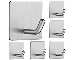 Vista Stick on Hooks Door Coat Tea Towel Removable Damage Free Hanging Wall Hooks Adhesive Heavy Duty No Nail Kitchen Bathroom Hook SUS304 Stainless Steel Brushed Finish (6 Piece)