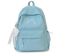 Vistnale Japanese School Bag Bow School Bag - Cute Embroidered Bow & Pearl Lace Charm, Lightweight Nylon Backpack, Blue