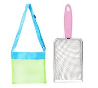 Vistnale seashell bag, 2 Pcs/Set Sand Sifter and Seashell Bag Stainless Steel Sand Shovel Mesh Beach with Adjustable Strap for Kids for Collecting Rock Hunting Picking Up Seashells