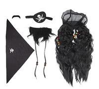 Vistreck Black Pirate Fake Beard and Moustache Set with Wig, Headscarf, and Eye Patch for Halloween