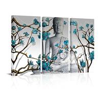 Visual Art Decor 3 Pieces Buddha Wall Art Buddha Statue with Abstract Blue Flowers Painting Canvas Prints for Living Room Bedroom Office Large Picture Decoration