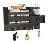 VIS'V Key Holder Wall Mount, Wooden Mail and Key Organizer with Drawer and Shelf, 2 Slots, 6 Hooks, Black