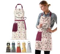 VITA ELEGANTE Waterproof Apron for Women with Large Pocket for Cooking & Baking - Oil and Stain Repellent, Happiness is Homemade - Cherry Red