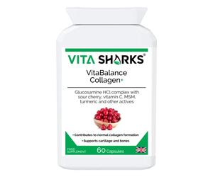 VitaBalance Collagen+ 60 Capsules for Skin, Hair, Nails, Joints & Connective Tissue. Vitamin C & E, Iron, Glucosamine H omplex, Sour Cherry, MSM, Turmeric & More for Added Immune Support