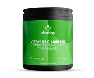 Vitabay Vitamin C 1000mg - 500 Vegan Slow Release Vitamin C Tablets - Buffered VIT with Citrus Bioflavonoids (50mg) - Natural from Plant Fermentation with Acacia Fibers - Laboratory Tested
