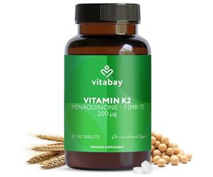 Vitabay Vitamin K2 MK-7 200 µg - 120 Vegan Tablets - for Bones & Blood Clotting - High Strength MK7 All-Trans Microencapsulated - Lab Tested in Germany - 4 Month Supply