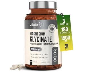 VitaBright Magnesium Glycinate Supplements | 180 Capsules | 1500mg, 300mg Elemental Mg | High Strength Chelated Magnesium Bisglycinate for Adults
