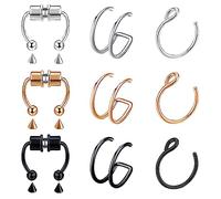 VitaCool Fake Nose Ring Hoop Fake Nose Stud Magnetic Septum Nose Ring Stud Stainless Steel CZ Fake Nose Piercing Stud Faux Nose Ear Lip Cuffs Non Pierced Jewelry for Women Men, Adjustable, Metal