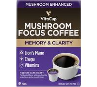 VitaCup Focus Mushroom Coffee Pods, Boost Focus & Immunity w/Lions Mane, Chaga, B Vitamins, D3 for Memory & Clarity, Medium Roast, Recyclable Single Serve Pod Compatible w/Keurig K-Cup Brewers,64 Ct
