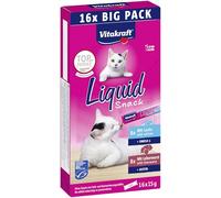Vitakraft Liquid Snack, cat treats, creamy cat snacks, with liver sausage and biotin, with salmon and omega 3, in individual sachets, economy pack (16x 15 g)