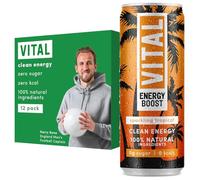 VITAL Energy Boost Sparkling Tropical Energy Drink, 100% Natural Ingredients Spring Water, Sugar-free, Zero Calories, Plant-based Sweetener, Contains 12 X 330ml Cans (12-Pack)