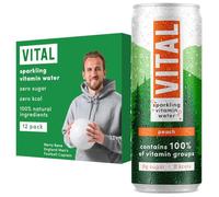 VITAL Sparkling Vitamin Water, Contains all 13 Vitamin Groups, Sugar Free, Zero Calories, Peach Flavoured Water, Contains 12 x 330ml cans