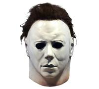 VitalBloom Halloween Horror Mask, Deluxe White Latex Full Head Mask with Black Hair, Costume Accessory