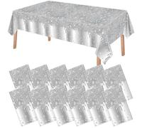 VitalCozy 12 Pack Silver Tablecloth Disposable Glitter Diamond Plastic Table Cover Sequin Printed Tablecloth Party Decorations for Halloween Birthday Wedding Anniversary Party Supplies, 54x108 Inch