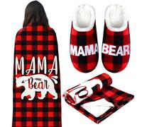 VitalCozy 2 Pcs Mama Bear Slipper Gifts for Mom Mama Bear Buffalo Plaid Wearable Blanket Women's Men's Ladies Slippers Indoor Gifts for Mom Wife Birthday from Husband, Red and Black, 5.5 UK