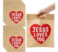 VitalCozy 24 Pcs Jesus Loves You Bags Bulk Reusable Non Woven Christian Religious Gift Bag with Handles 9.84 x 11.81 inches Candy Treat Tote for Easter VBS Church Sunday School Baptism (Light Brown)