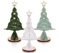 VitalCozy 3 Pcs Christmas Tree Table Decorations Yarn Christmas Trees Centerpieces Farmhouse Decor Boho Xmas Tree Tabletop with Star, Beads for Fireplace Bedroom Tiered Tray Decor(Green, off - White)