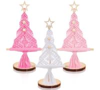 VitalCozy 3 Pcs Christmas Tree Table Decorations Yarn Christmas Trees Centerpieces Farmhouse Decor Boho Xmas Tree Tabletop with Star, Beads for Fireplace Bedroom Tiered Tray Decor (Pink, White)