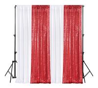 VitalCozy 4 Panels Backdrop Curtains 2 Pcs 4 x 10 ft Sequin Glitter 2 Pcs 7 x 10 ft Chiffon Photo Background Curtains for Halloween Wedding Birthday Party Decorations(White, Red)