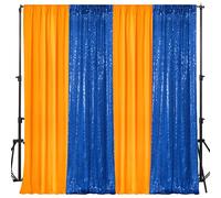 VitalCozy 4 Panels Backdrop Curtains 2 Pcs 4 x 10 ft Sequin Glitter 2 Pcs 7 x 10 ft Chiffon Photo Background Curtains for Back to School Wedding Birthday Party Decorations(Orange, Navy Blue)