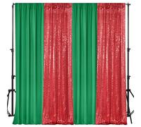 VitalCozy 4 Panels Backdrop Curtains 2 Pcs 4 x 10 ft Sequin Glitter 2 Pcs 7 x 10 ft Chiffon Photo Background Curtains for Back to School Wedding Birthday Party Decorations(Green, Red)