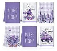 VitalCozy 6 Pcs Lavender Summer Kitchen Towel Set Funny Housewife Farmhouse Rustic Bath Hand Towel for Holiday Bathroom Gift, 24 x 16 Inches(Purple,Lavender)