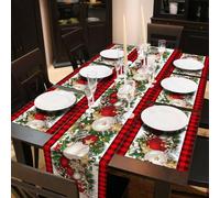 VitalCozy 7 Pcs Christmas Table Runner and Placemat Set 72 x 13 Inch Buffalo Plaid Table Runner Xmas Poinsettia Table Mat Plaid Table Linen for Holiday Kitchen Dining Table Decoration(Plaid)