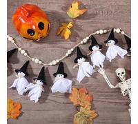 VitalCozy 7ft Halloween Garland Cute Witch Hat Ghost with Wooden Beads Garlands Farmhouse Rustic Halloween Banner for Wall Haunted House Party Yard Outdoor Spring Decor Supplies