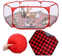 VitalCozy Hamster Playpen with Mat Small Animal Cage Tent Breathable Transparent Guinea Pig Playpen Waterproof Portable Yard Fence Mat Foldable Exercise Cage Outdoor Indoor (Red,Christmas Plaid)