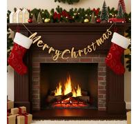 VitalCozy Pre Strung Metal Merry Christmas Banner Brass Finish Rustic Garland Christmas Hanging String Banner Vintage Xmas Ornament for Farmhouse Tree Mantel Fireplace Home Office Door Decorations