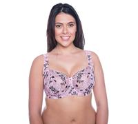 Vitality Care Full Coverage Floral Embroidered Bra Wired Non-Padded Seamed Cups Firm Mesh Lining Wide Adjustable Straps Pink Black Size 46J D-J Cups Plus Size Women