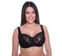 Vitality Care Full Coverage Floral Embroidered Lace Underwired Non-Padded Bra for Plus Size Women with Wide Adjustable Straps, Black, Size 36D, D-J Cups