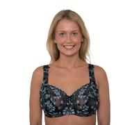 Vitality Care Ladies Full Coverage Floral Embroidered Lace Underwired Non-Padded Bra for Plus Size and Large Busts, Everyday Support Bra, Black/Turquoise, Sizes 34-46, D-J Cups